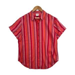 Cabi Top Womens Small Red Orange Linen Striped Button Up Summer Beach Coastal